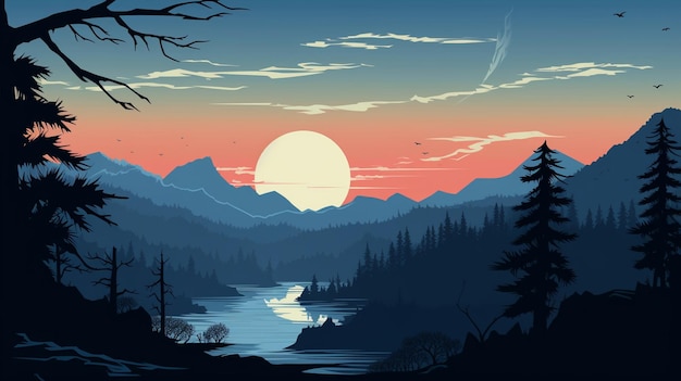 silhouette vista lago e montagne