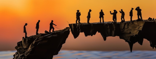 Silhouetted Team sul bordo di una scogliera al tramonto