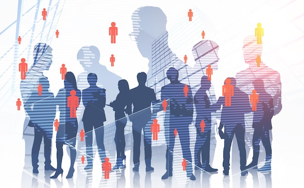 silhouettes of managers and business people over skyscraper background with double exposure of people network on world map. toned image. elements of this image furnished by nasa