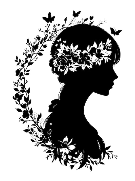 Silhoutte della ragazza delle donne con i fiori per il logo del salone di bellezza o per lo sfondo dell'invito di nozze