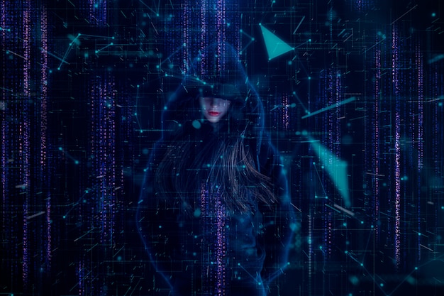 silicone doll female hacker over a screen.