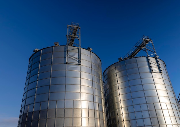 Silo in metallo moderno di grandi dimensioni un silo presso un'azienda agricola per lo stoccaggio di grano e altri prodotti