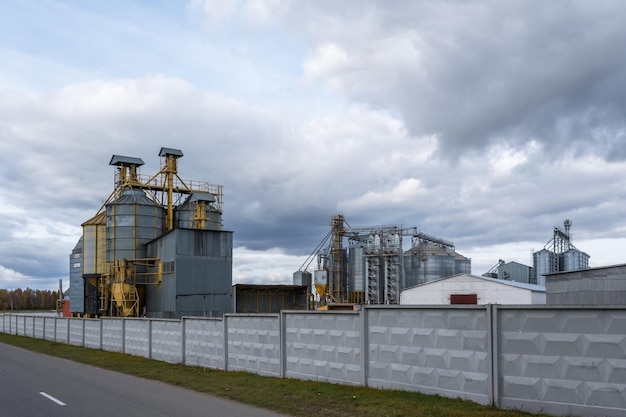 Silos d'argento e moderno elevatore per granaio e linea di pulizia delle sementi su impianto di agroprocessing e produzione per lo stoccaggio e la lavorazione asciugatura di prodotti agricoli farina cereali grano