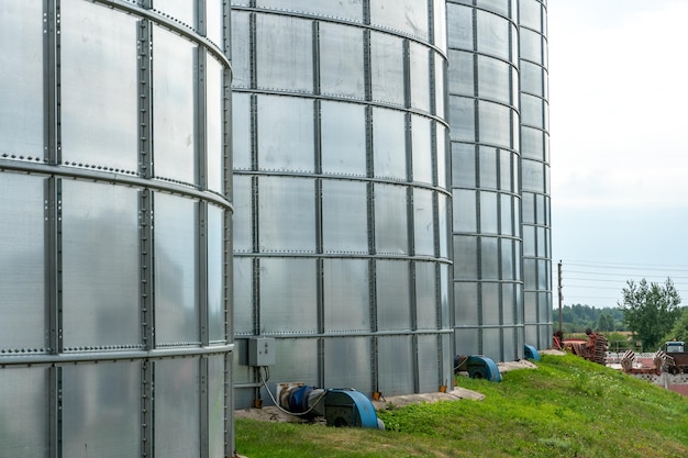 Silos d'argento su impianto agro manifatturiero per la lavorazione essiccazione pulitura e stoccaggio di prodotti agricoli farina cereali e grano Grandi botti di ferro di grano Elevatore granaio