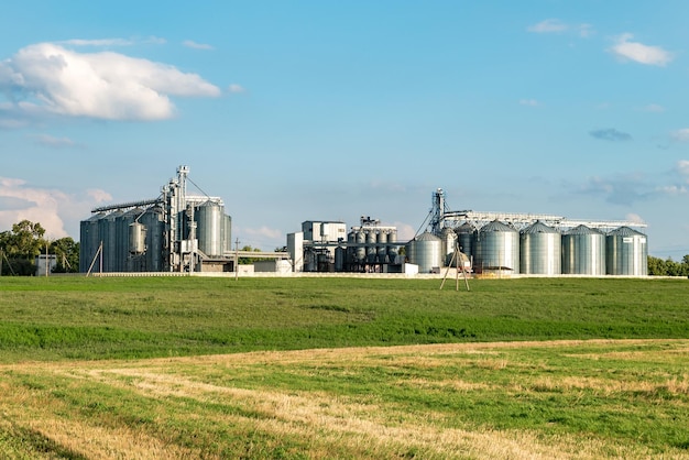 Silos d'argento su impianto di produzione agro per la lavorazione, asciugatura, pulitura e stoccaggio di prodotti agricoli, farina, cereali e grano con belle nuvole