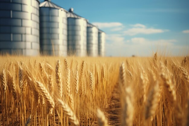 Silos in un campo di grano Stoccaggio della produzione agricola