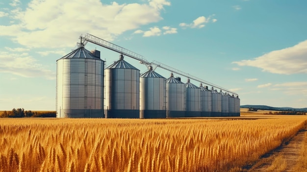 Silos in un campo di grano Stoccaggio della produzione agricola