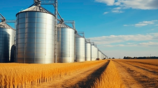 Silos in un campo di grano Stoccaggio della produzione agricola