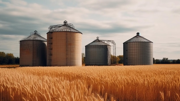 Silos in un campo di orzo Stoccaggio della produzione agricola AI generativa