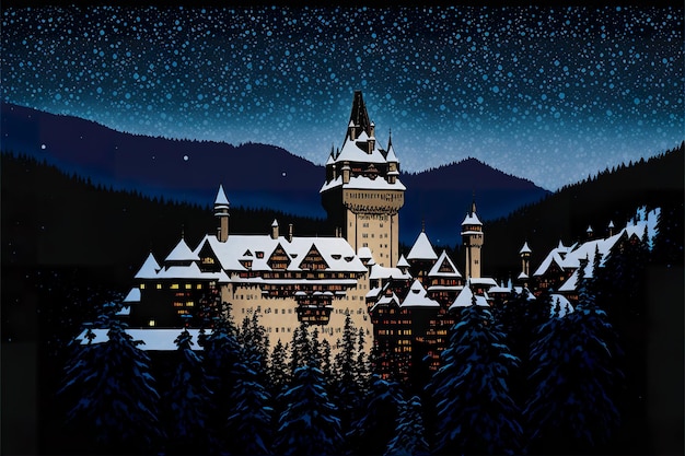 Siluetta del castello nell'illustrazione di notte di inverno