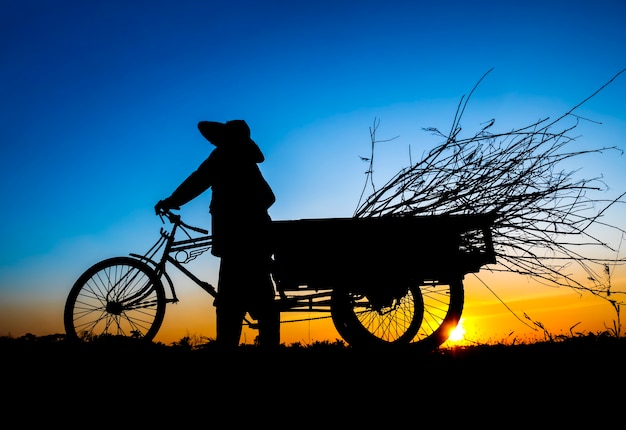 Siluetta del coltivatore e del ramo sul suo triciclo nella priorità bassa di tramonto