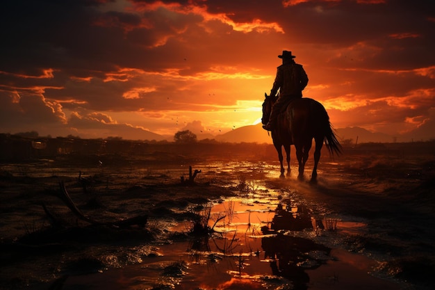 Siluetta del cowboy che guida i tramonti delle pianure blu