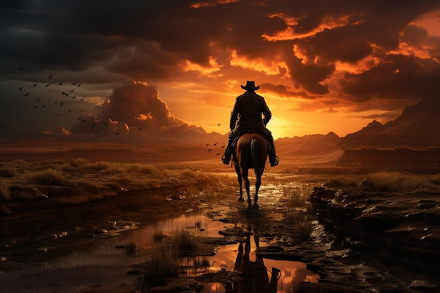 Siluetta del cowboy che guida i tramonti delle pianure blu