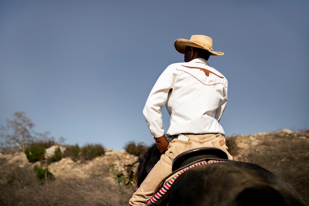 Siluetta del cowboy con il cavallo contro la luce calda