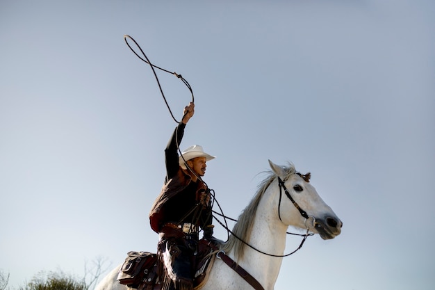 Siluetta del cowboy con il cavallo contro la luce calda