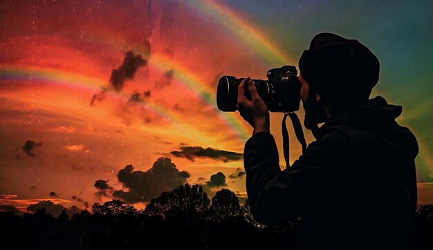 Siluetta del fotografo con la fotocamera digitale che scatta foto dell'arcobaleno colorato ai generato