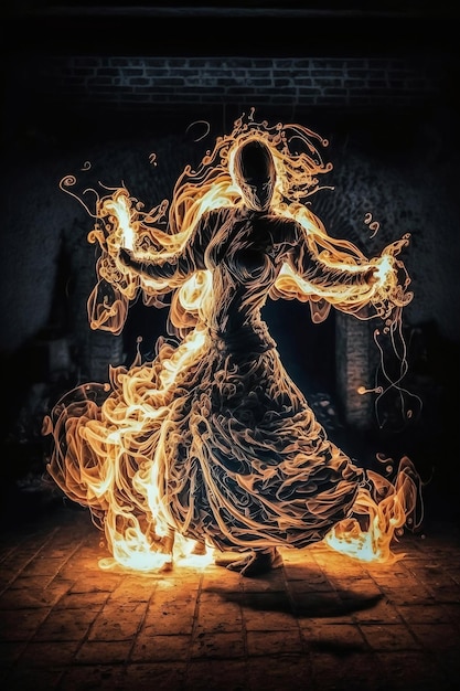 Siluetta del fuoco della donna che balla su sfondo nero