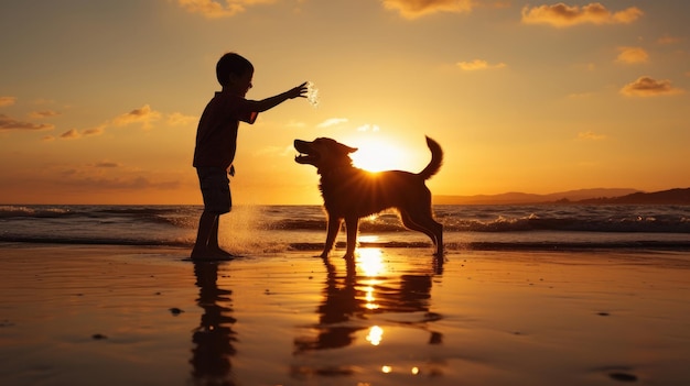 Siluetta del ragazzo e del cane che giocano sulla spiaggia all'alba