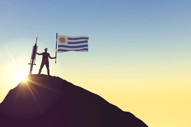 Siluetta del vaccino dell'Uruguay di persona con bandiera e siringa d rendering