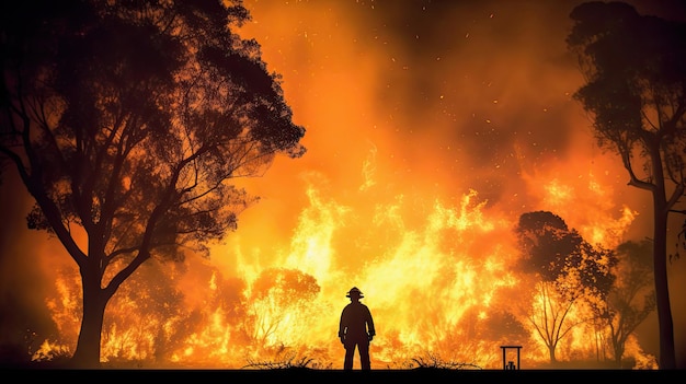 Siluetta del vigile del fuoco che combatte gli incendi boschivi di notte uomo contro il fuoco