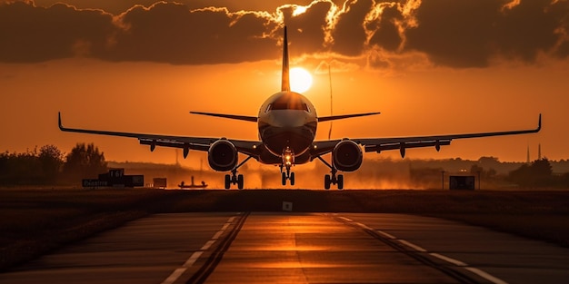 Siluetta dell'aereo di aria che atterra sulla pista illuminata al tramonto con bel cielo rosso e sole sullo sfondo