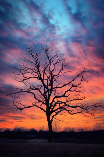 Siluetta dell'albero contro il drammatico cielo al tramonto creato con l'IA generativa