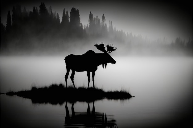 Siluetta dell'alce nella foresta nebbiosa nebbiosa all'alba. illustrazioni di arte digitale