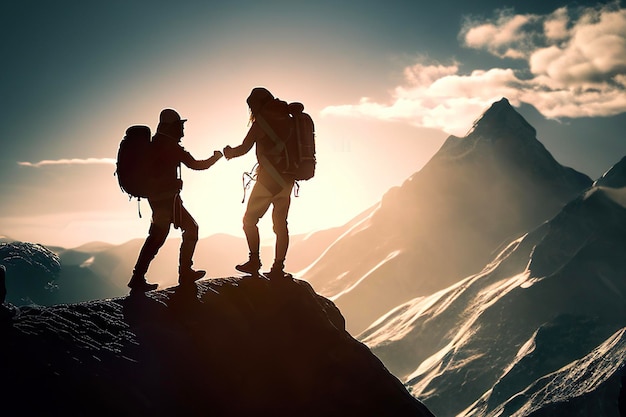 Siluetta dell'alpinista che tiene la mano della sua amica