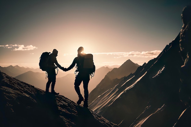 Siluetta dell'alpinista che tiene la mano della sua amica