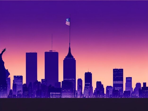 Siluetta dell'orizzonte di New York e bandiera degli Stati Uniti al tramonto