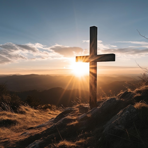 Siluetta della croce cristiana su un concetto di religione dell'ora d'oro al tramonto della collina