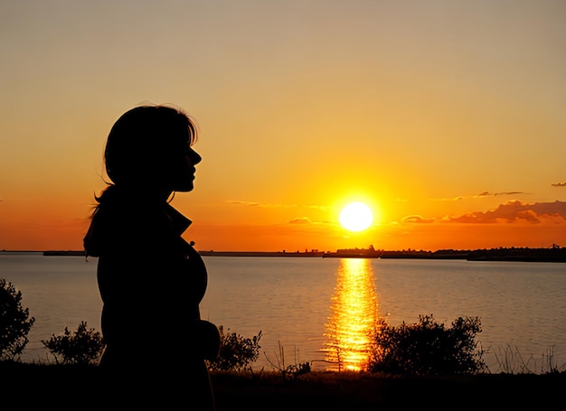 Siluetta della donna che guarda il sole in un tramonto
