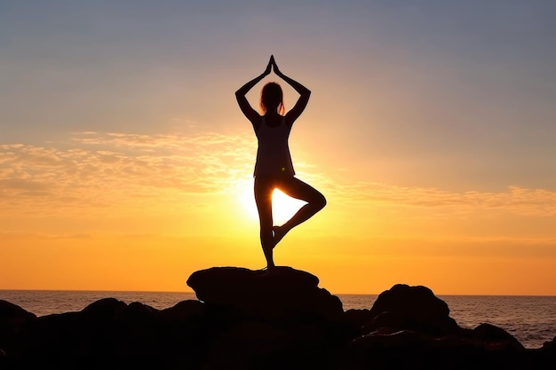 Siluetta della donna che pratica la posa e la meditazione di yoga al primo piano estremo di Vibrant Sunset Ocean Beach Generative AI