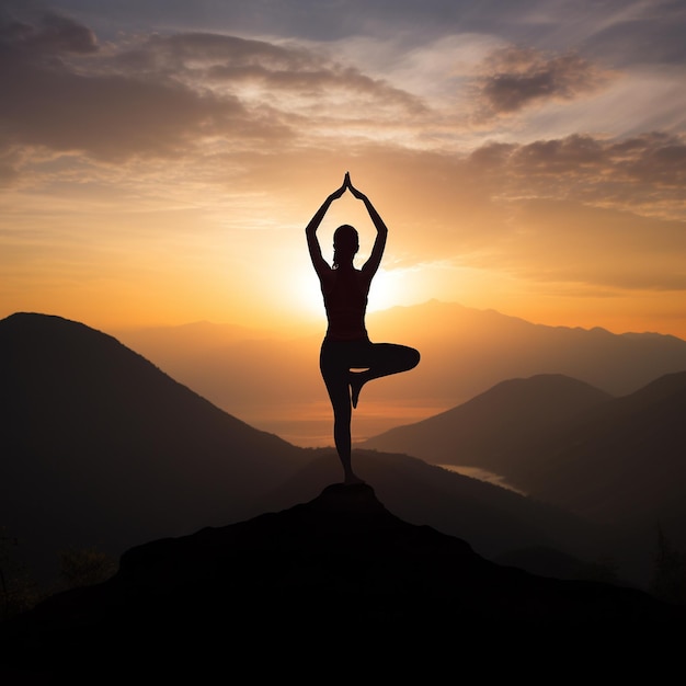 Siluetta della donna che pratica yoga sulla cima della montagna al tramonto