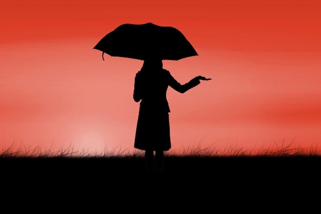 Siluetta della donna di affari che tiene ombrello contro il cielo rosso sopra l'erba