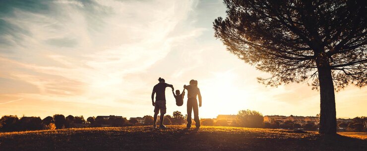 Siluetta della famiglia felice che cammina nel prato al tramonto