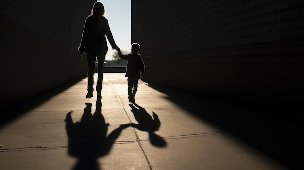 Siluetta della madre e del bambino che si tengono per mano sul marciapiede