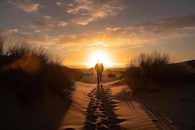 Siluetta della persona che cammina attraverso le dune di sabbia con l'alba sullo sfondo