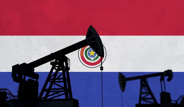 Siluetta della pompa dell'olio del fondo dell'industria petrolifera e del gas contro il rendering della bandiera del paraguay