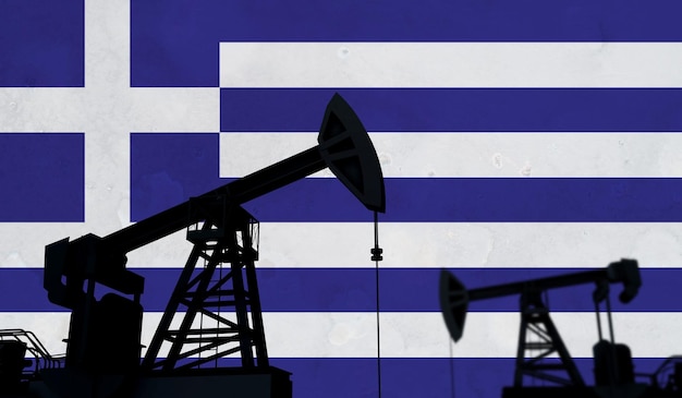 Siluetta della pompa dell'olio del fondo dell'industria petrolifera e del gas contro il rendering della bandiera della Grecia