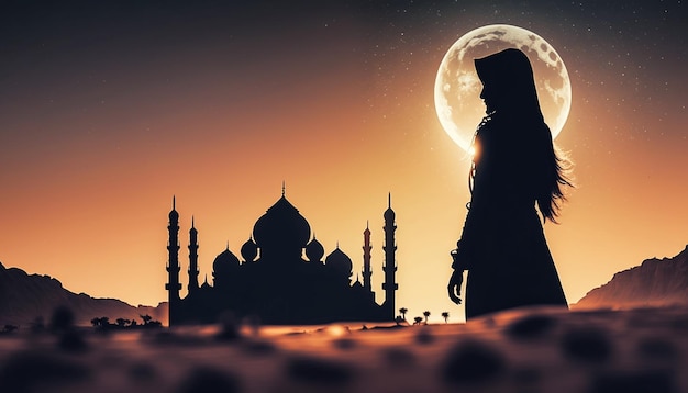 Siluetta della ragazza di preghiera e della moschea nel tramonto AI generativo