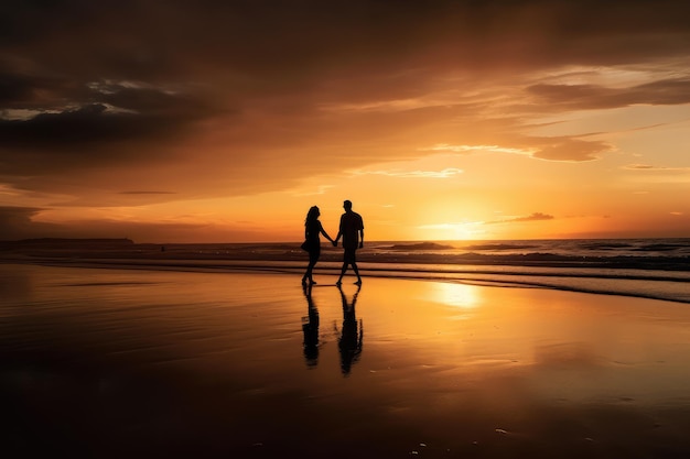 Siluetta delle coppie che camminano sulla spiaggia al tramonto AI