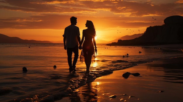 Siluetta delle coppie che camminano sullo sfondo bel tramonto della spiaggia