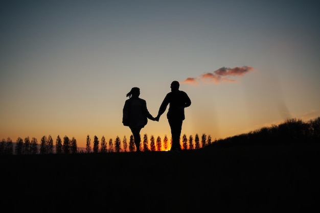 Siluetta delle coppie che si tengono per mano e che camminano al tramonto