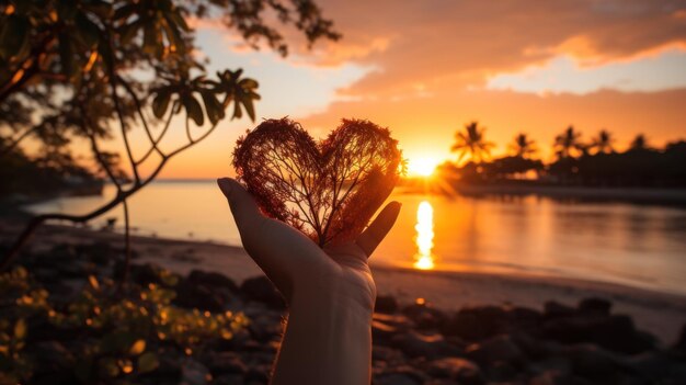 Siluetta delle mani che formano forma del cuore con il tramonto backround