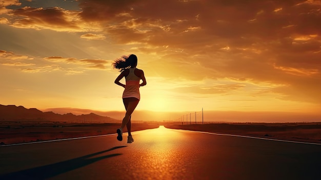 Siluetta di giovane donna che sprint all'aperto durante un allenamento fitness