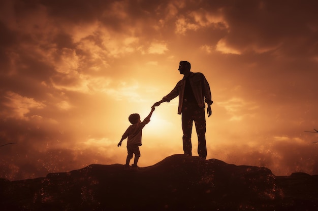 Siluetta di padre e figlio che guardano la natura al tramonto AI