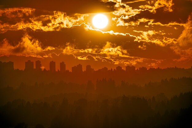 Siluetta di paesaggio urbano urbano sullo sfondo del cielo al tramonto