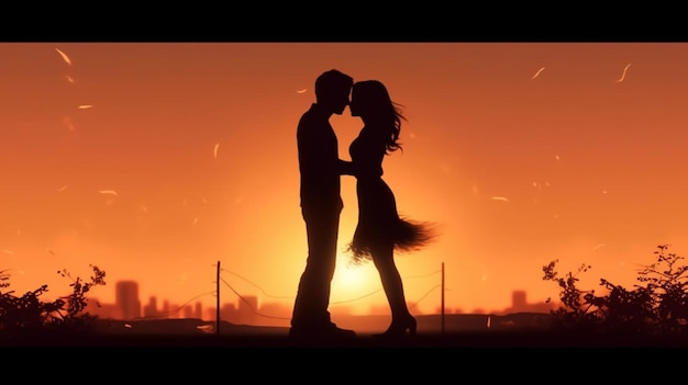 Siluetta di una coppia che si bacia al tramonto con una città sullo sfondo ai generativa