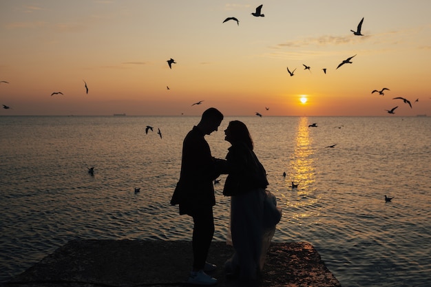 Siluetta di una coppia di innamorati al tramonto con mare e gabbiani in volo sullo sfondo.